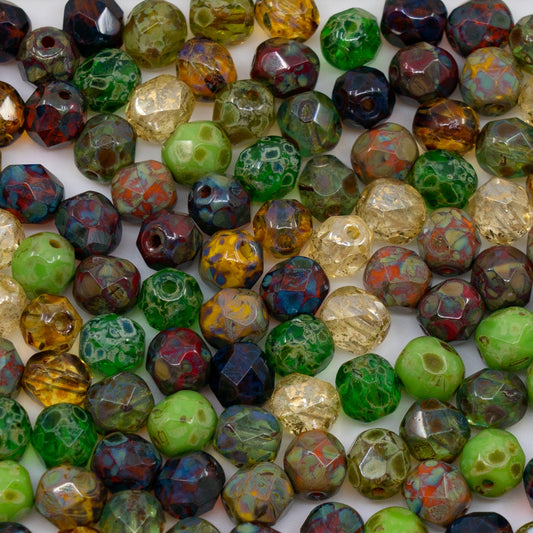OUTLET 10 grams Faceted Round Fire Polished Beads, 6 x 6 mm, Travertin Mix, Glass, Czech Republic