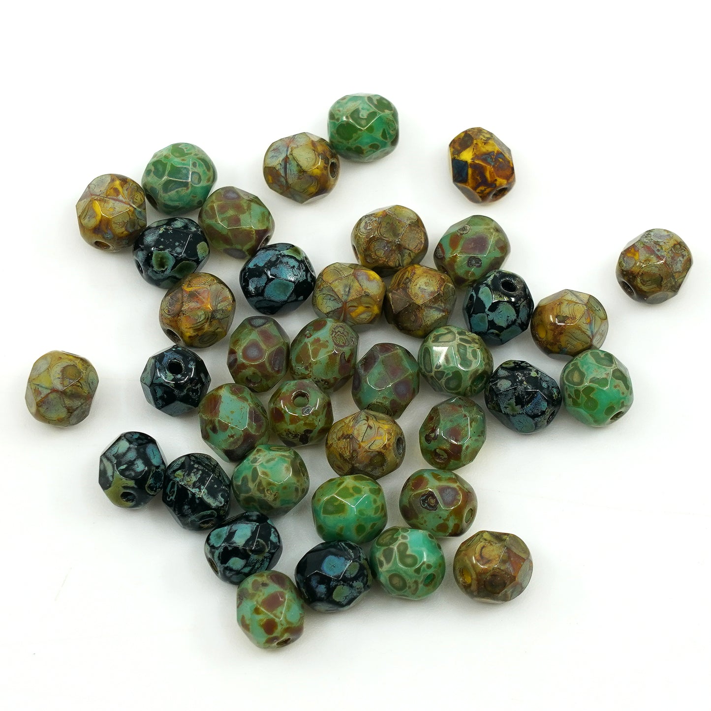 OUTLET 10 grams Faceted Round Fire Polished Beads, Mixed Colors Opaque Travertin (MIX-OPAQUE-travertin), Glass, Czech Republic