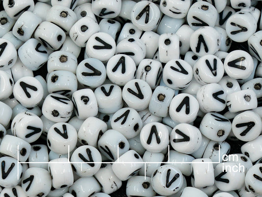 OUTLET 250g Pressed Czech Glass Letter Number Beads, 6 x 6 mm, (v), White Black Lined, Glass, Czech Republic