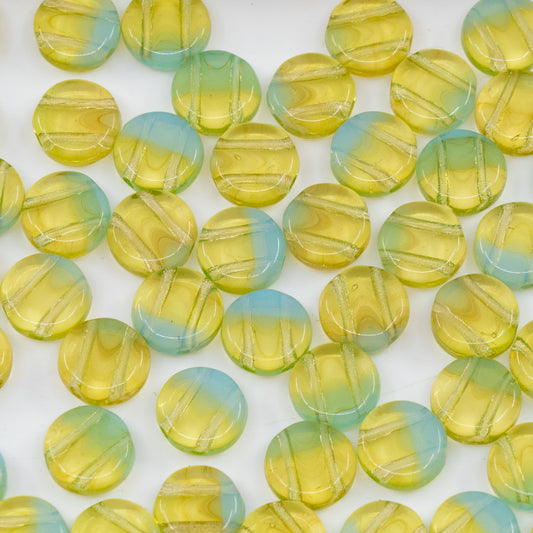 OUTLET 250g/50g 2 Hole Flat Round Coin Beads, 6 x 6 mm, Yellow Turquoise (yellow-turquoise), Glass, Czech Republic