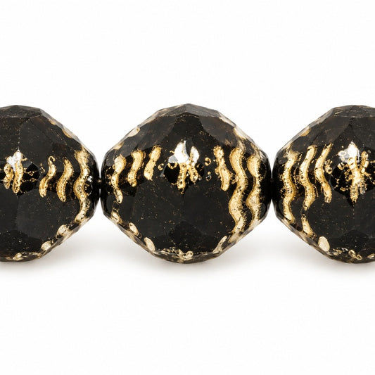 Wasp Special Cut Faceted Fire Polished Beads, Black Gold Lined (23980-54202), Glass, Czech Republic