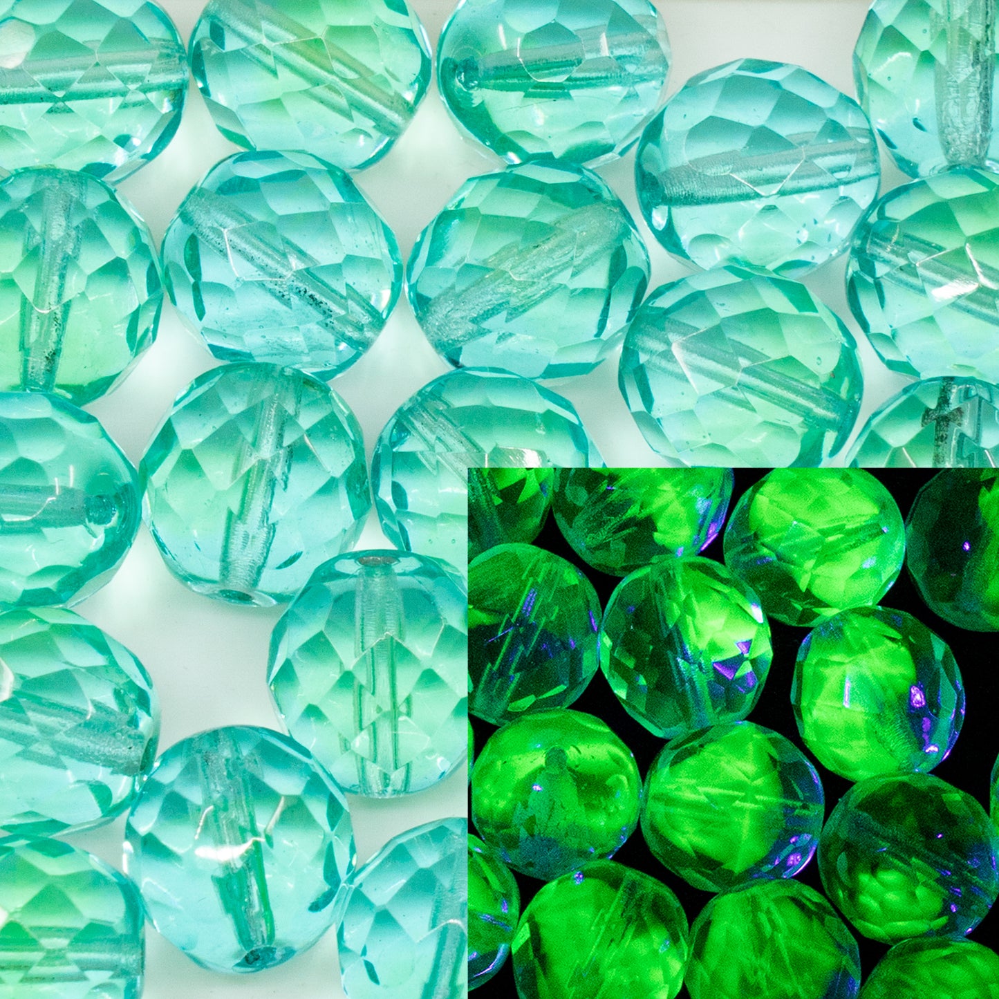 奥特莱斯 10 克多面圆形火抛光珠，12 x 12 毫米，蓝绿色铀 (57601)，玻璃，捷克共和国