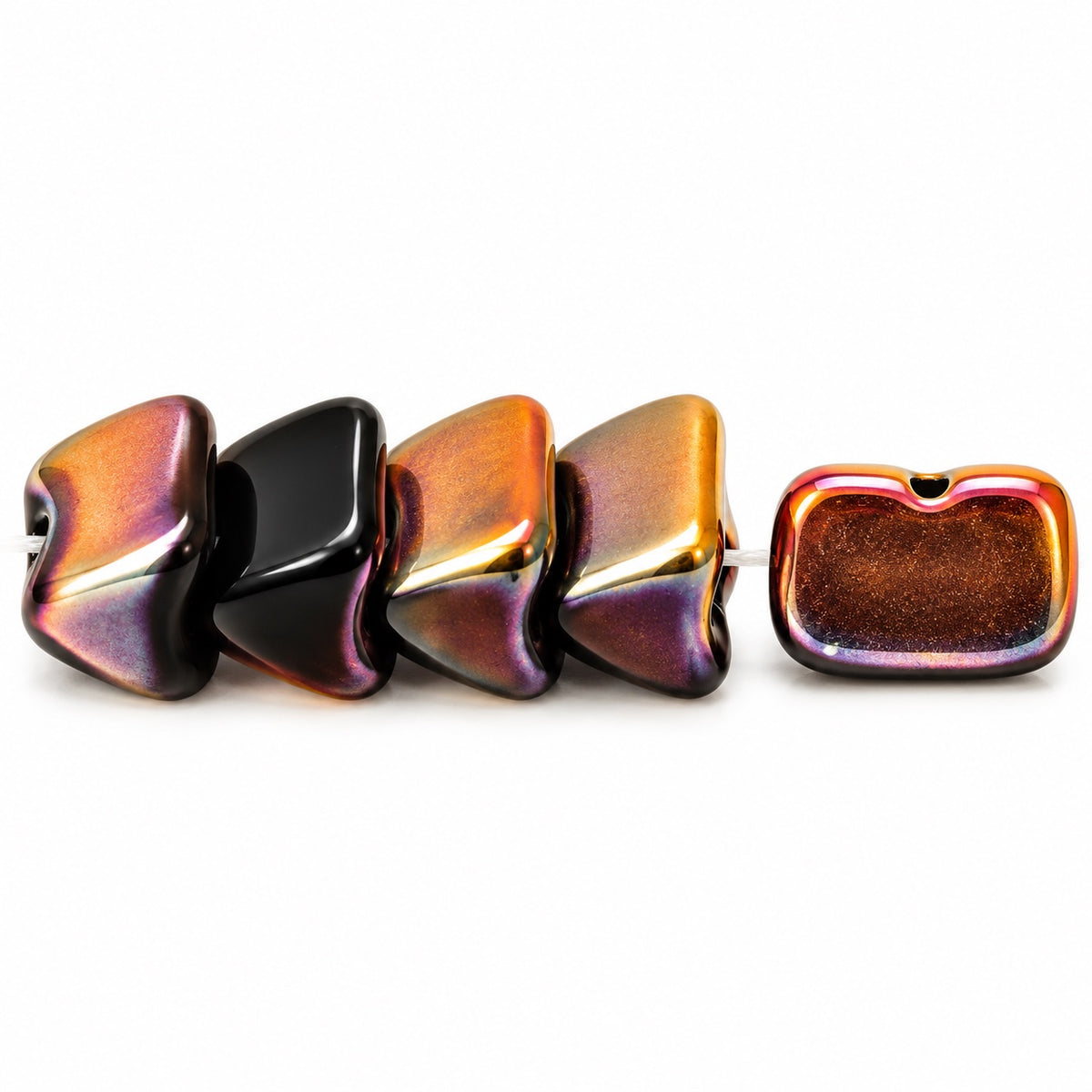 Dome Beads With Middle Hole, Black Prismatic Phoenix (23980-27104), Glass, Czech Republic