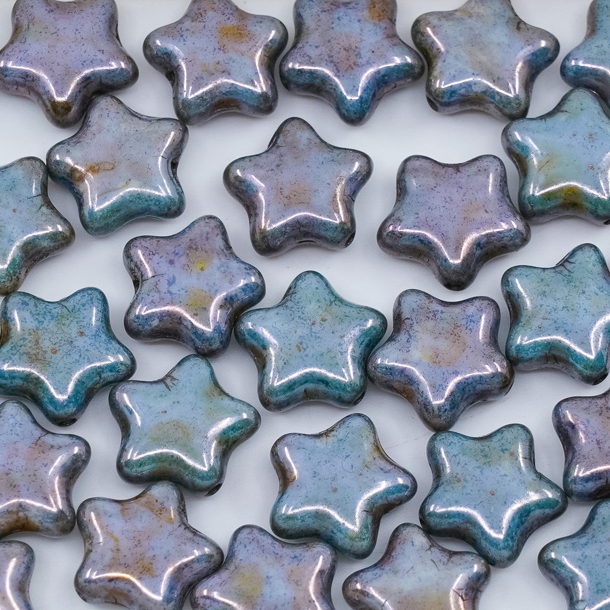OUTLET 250g/50g Flat Star Beads, 12 x 12 mm, White Opal Stain With Luster Blue (02020-65431), Glass, Czech Republic