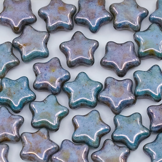 OUTLET 250g/50g Flat Star Beads, 12 x 12 mm, White Opal Stain With Luster Blue (02020-65431), Glass, Czech Republic