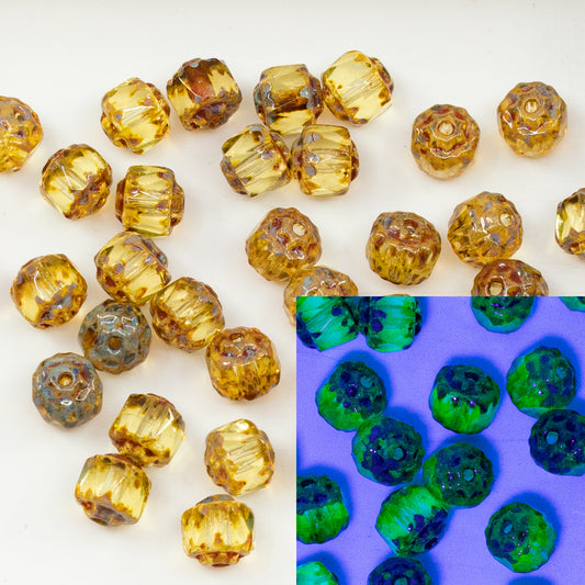 OUTLET 10 grams Cathedral Faceted Fire Polished Beads, 6 x 6 mm, Transparent Yellow Stain Strong (80130-86805), Glass, Czech Republic