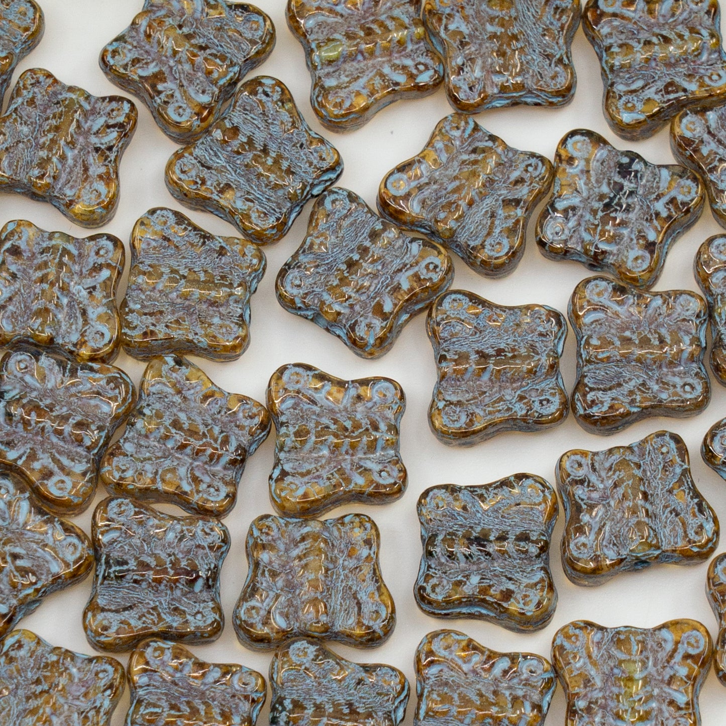 OUTLET 250g/50g Pressed Beads Butterflies, 12 x 12 mm, Crystal Travertin Light Blue Lined (00030-86800-54308), Glass, Czech Republic