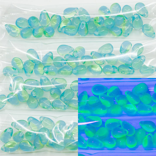 OUTLET 10 grams Drop Pressed Beads, 6 x 9 mm, Transparent Blue Transparent Yellow (30020-80130), Glass, Czech Republic