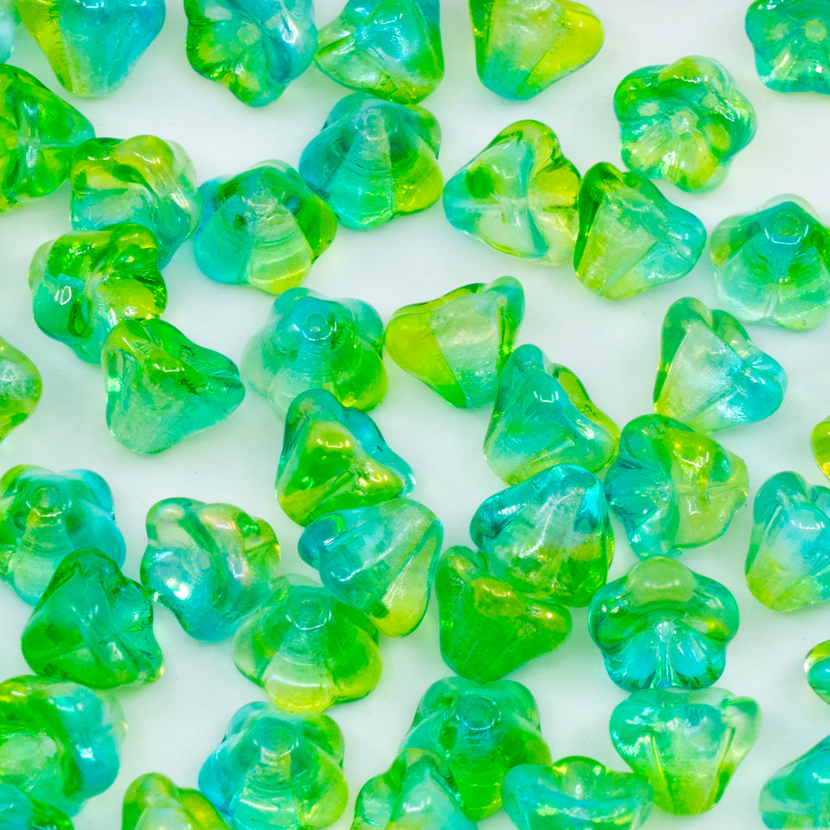 OUTLET 10 grams Bell Flower Beads, 6 x 8 mm, Crystal Glossy Green Yellow (00030-48110), Glass, Czech Republic