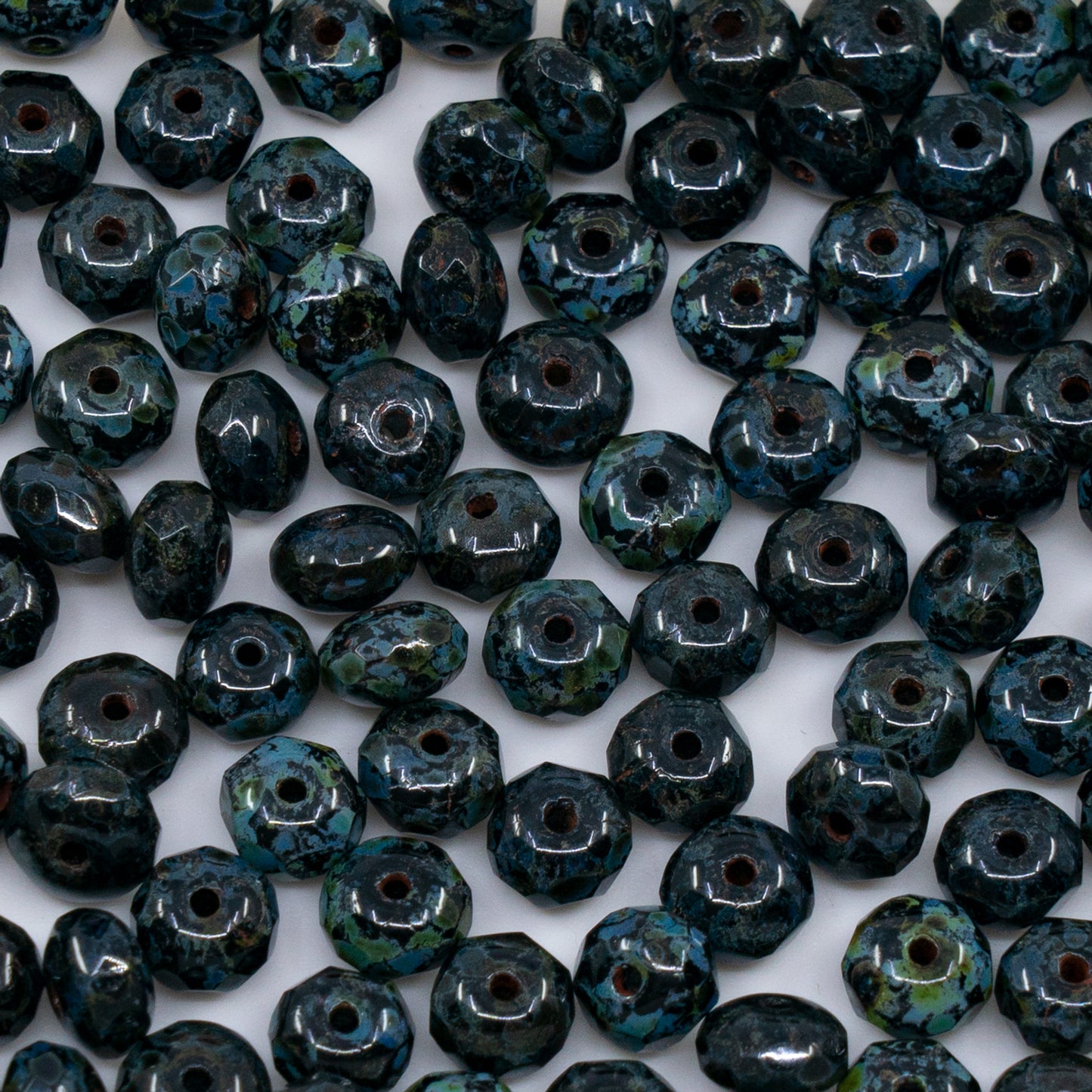 OUTLET 250g/50g Faceted Rondelle Fire Polished Beads, 5 x 7 mm, Black Travertin (23980-86800), Glass, Czech Republic