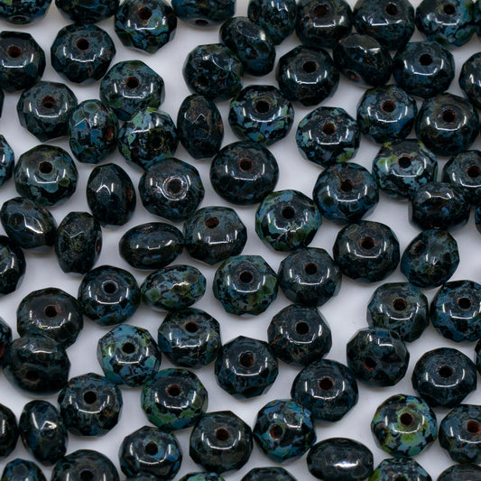 OUTLET 250g/50g Faceted Rondelle Fire Polished Beads, 5 x 7 mm, Black Travertin (23980-86800), Glass, Czech Republic