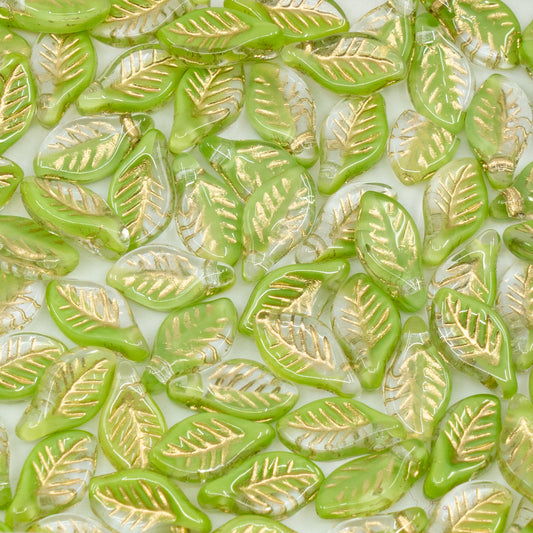 OUTLET 250g/50g Bay Leaf Beads, 6 x 12 mm, Opaque Green Gold Lined (56018-54302), Glass, Czech Republic