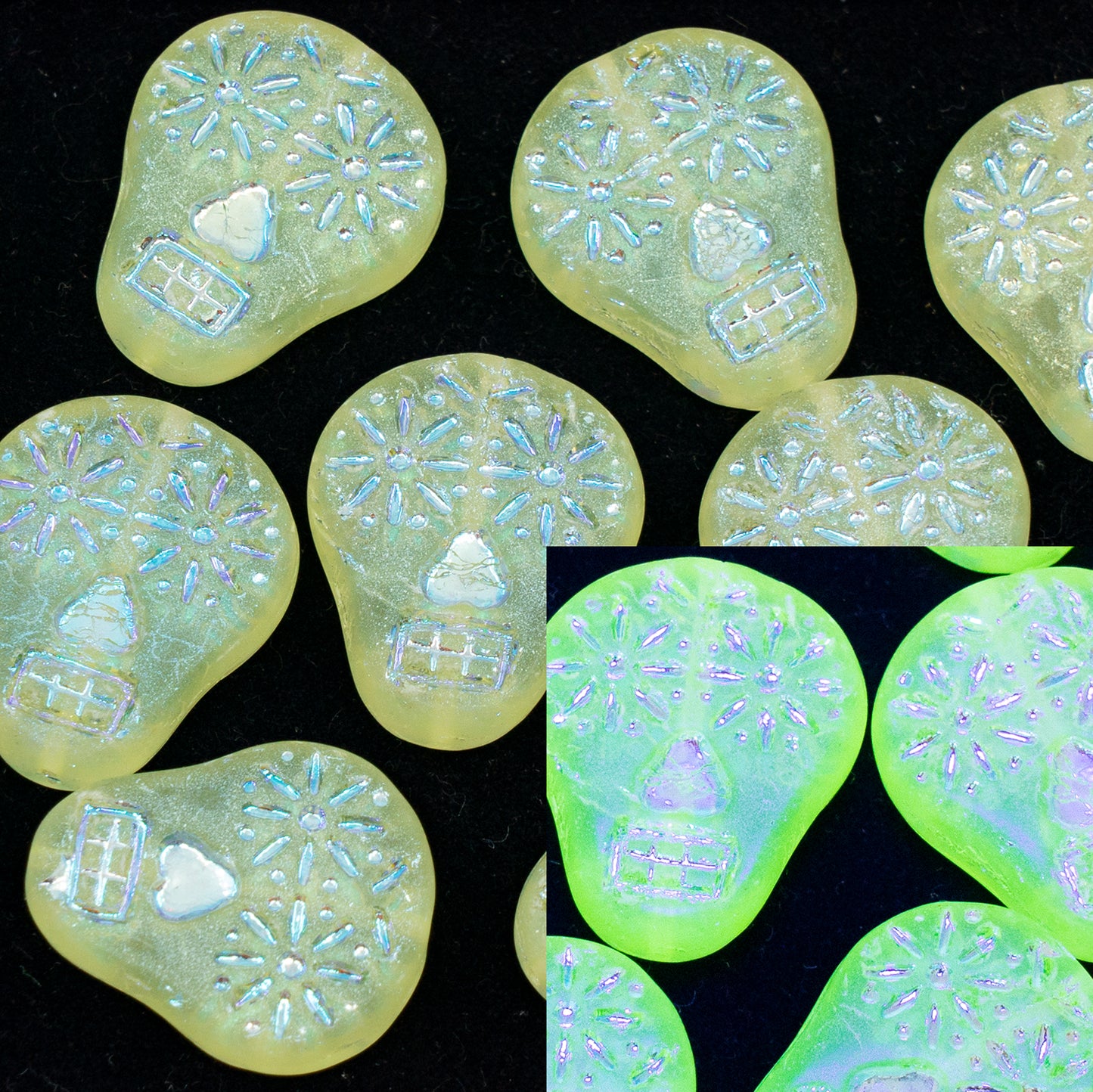 OUTLET 10 grams Sugar Skull Beads, Transparent Yellow Ab Full (2X Side) Matte (80130-28703-84100), Glass, Czech Republic