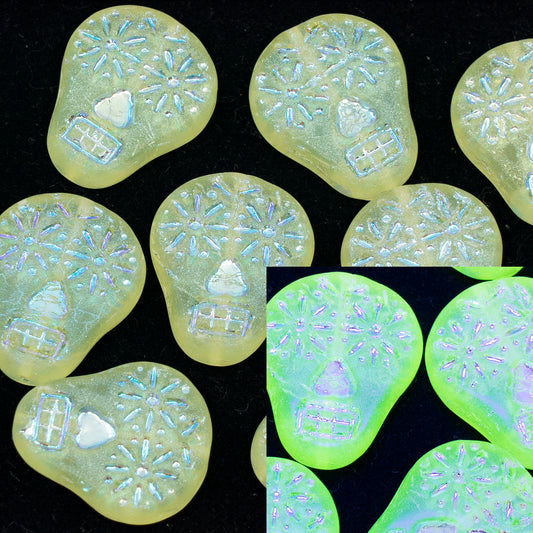 OUTLET 10 grams Sugar Skull Beads, Transparent Yellow Ab Full (2X Side) Matte (80130-28703-84100), Glass, Czech Republic