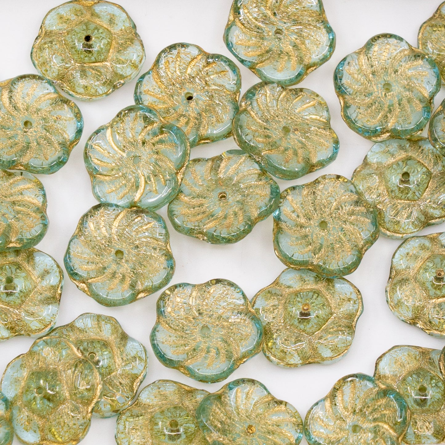 OUTLET 50 grams Flat Flower Beads, 12 x 12 mm, Transparent Aqua Gold Lined (60000-54302), Glass, Czech Republic