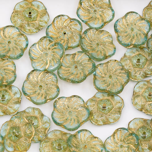 OUTLET 50 grams Flat Flower Beads, 12 x 12 mm, Transparent Aqua Gold Lined (60000-54302), Glass, Czech Republic
