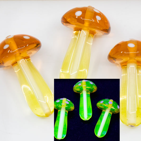 OUTLET 1 pcs Lampwork Handmade Beads Mushroom, 30 x 10 mm, Pink + Transparent Yellow Uranium (7099-80130), Glass, Czech Republic