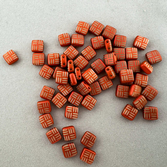 OUTLET 5 grams 2-Holes Pressed Tile Beads, White Red Lines FRESCA (02010-RED-lines), Glass, Czech Republic