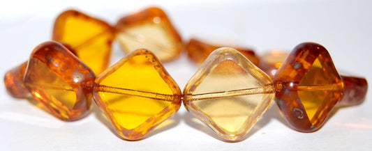 OUTLET 10 grams Table Cut Flat 4 Edges Shape Beads, 18 x 18 mm, Transparent Orange Topaz Picasso (10040-10060-43400), Glass, Czech Republic