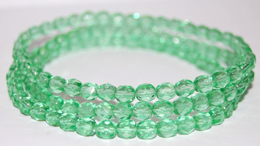 Fire Polished Round Faceted Beads, Transparent Green (50500), Glass, Czech Republic ~ STRANDED