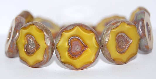 OUTLET 10 grams Table Cut Round Beads With Heart, 21 x 21 mm, Silky Yellow Picasso (84040-43400), Glass, Czech Republic