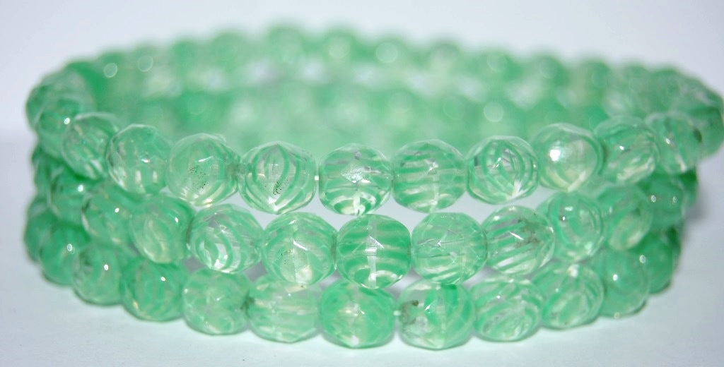 Fire Polished Round Faceted Beads, Striped Crystal Green (08501), Glass, Czech Republic