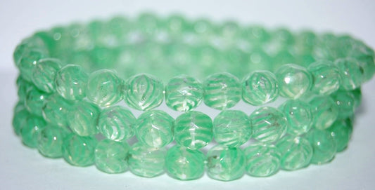 Fire Polished Round Faceted Beads, Striped Crystal Green (08501), Glass, Czech Republic