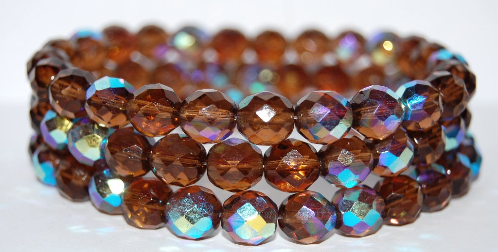 ファイアポリッシュラウンドファセットビーズ、透明ブラウンAB（10210-AB）、ガラス、チェコ共和国