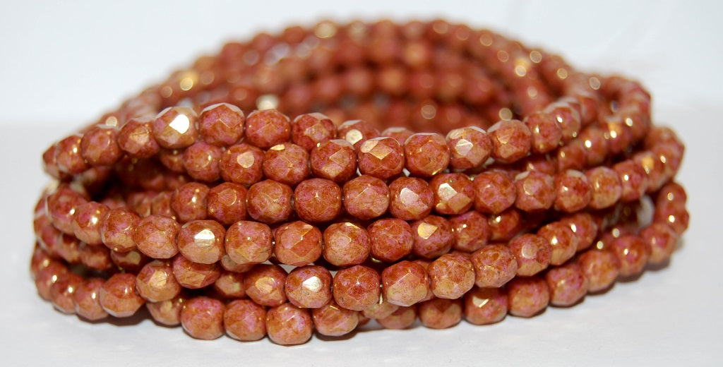 ファイヤーポリッシュラウンドファセットビーズ、ホワイトステイン、ラスターレッド（02010-65491）、ガラス、チェコ共和国～STRANDED