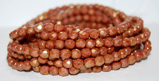 ファイヤーポリッシュラウンドファセットビーズ、ホワイトステイン、ラスターレッド（02010-65491）、ガラス、チェコ共和国～STRANDED