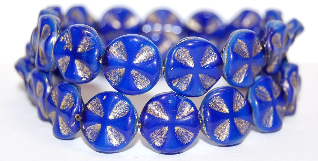 OUTLET 10 grams Flat Round Coin Pressed Glass Beads With Cross, 14 x 14 mm, Blue White Mix Gold Lined (37005-54202), Glass, Czech Republic