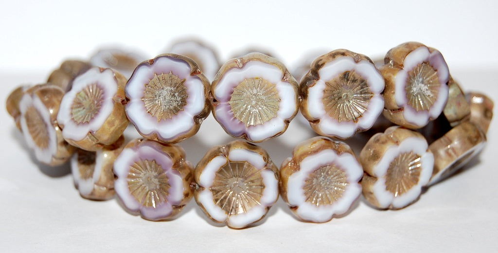 テーブルカットラウンドビーズ ハワイアンフラワー、ミックスホワイトラベンダーピカソ（07224-43400）、ガラス、チェコ共和国