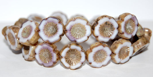 テーブルカットラウンドビーズ ハワイアンフラワー、ミックスホワイトラベンダーピカソ（07224-43400）、ガラス、チェコ共和国