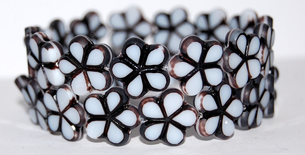 Table Cut Flower Beads, Brown White Matte (17025-M), Glass, Czech Republic