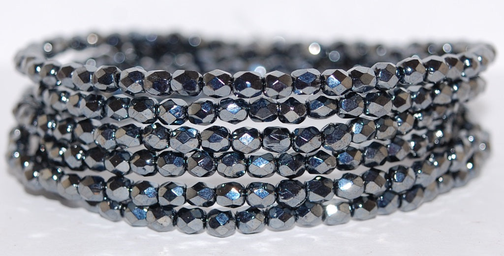 Fire Polished Round Faceted Beads, Black Hematite (23980-14400), Glass, Czech Republic