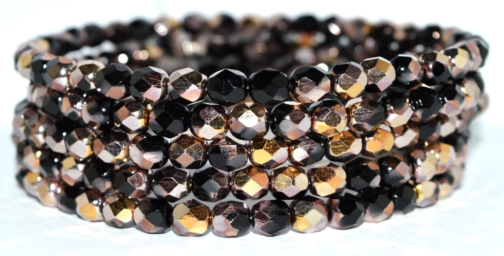 Fire Polished Round Faceted Beads, Black Rose Gold Capri (23980-27101), Glass, Czech Republic ~ STRANDED