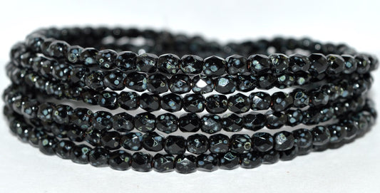 Fire Polished Round Faceted Beads, Black Travertin (23980-86800), Glass, Czech Republic