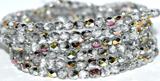 ファイアポリッシュラウンドファセットビーズ、シルバーヴィトレイル（28002）、ガラス、チェコ共和国〜STRANDED