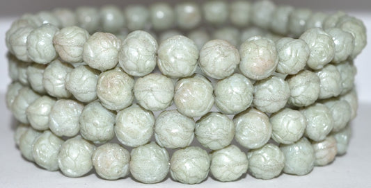 Round Rose Pressed Glass Beads, Luster Green Full Coated Antiq (14457-ANTIQ), Glass, Czech Republic ~ STRANDED