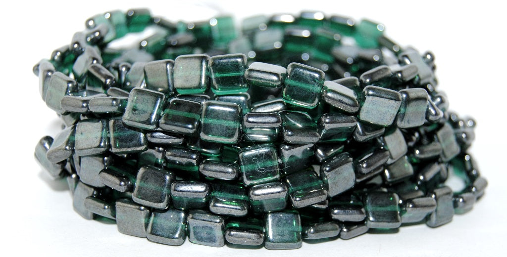 扁平方形压制玻璃珠，透明绿色祖母绿赤铁矿（50710-14400），玻璃，捷克共和国
