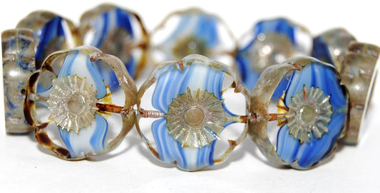 Table Cut Round Beads Hawaii Flowers, Crystal Blue Stripes Picasso (65014-43400), Glass, Czech Republic