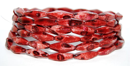 OUTLET 10 grams Olive Oval Pressed Glass Beads With Edges, 20 x 8 mm, White Red Coated (02010-R), Glass, Czech Republic