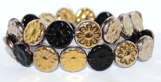 Flat Round With Flower Pressed Glass Beads, Black Rose Gold Capri (23980-27101), Glass, Czech Republic ~ STRANDED