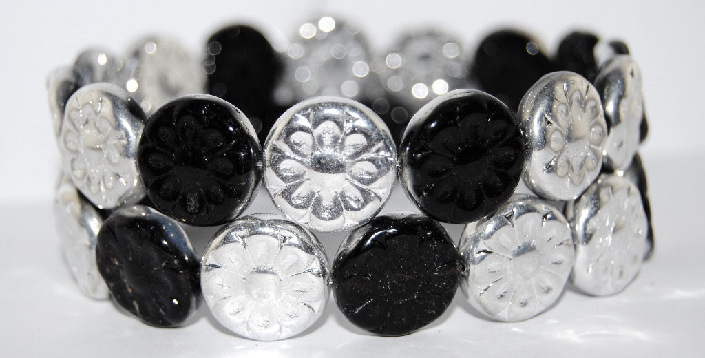 Flat Round With Flower Pressed Glass Beads, Transparent Amethyst Crystal Silver Half Coating (20080-27001), Glass, Czech Republic ~ STRANDED