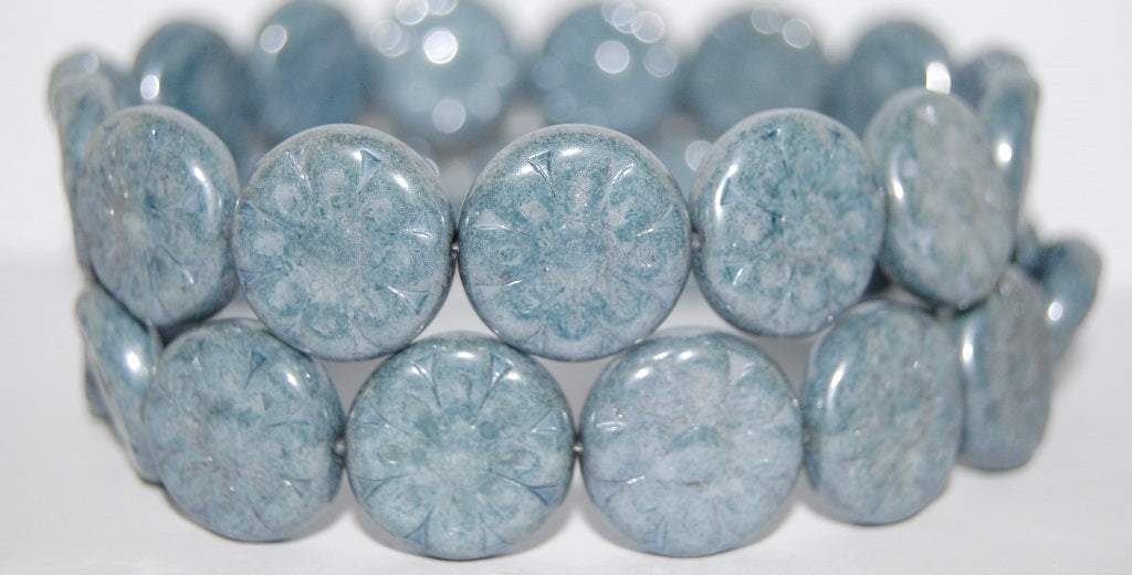 Flat Round With Flower Pressed Glass Beads, Luster Blue Full Coated (14464), Glass, Czech Republic ~ STRANDED