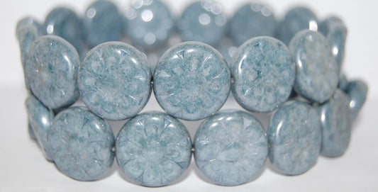 Flat Round With Flower Pressed Glass Beads, Luster Blue Full Coated (14464), Glass, Czech Republic ~ STRANDED