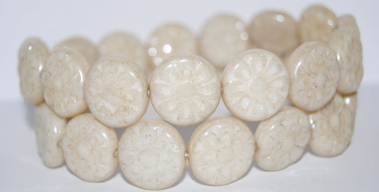 Flat Round With Flower Pressed Glass Beads, Luster Brown Full Coated (14413), Glass, Czech Republic ~ STRANDED