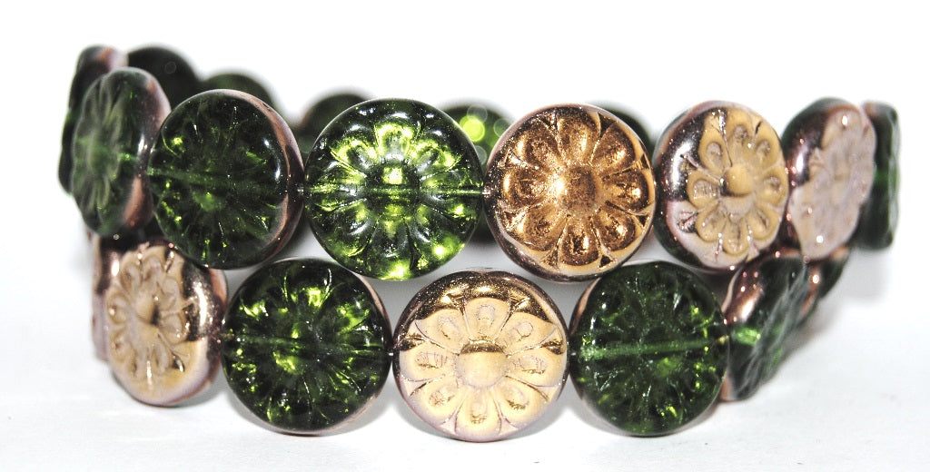 OUTLET 10 grams Flat Round With Flower Pressed Glass Beads, 18 x 18 mm, Transparent Green Rose Gold Capri (50130-27101), Glass, Czech Republic