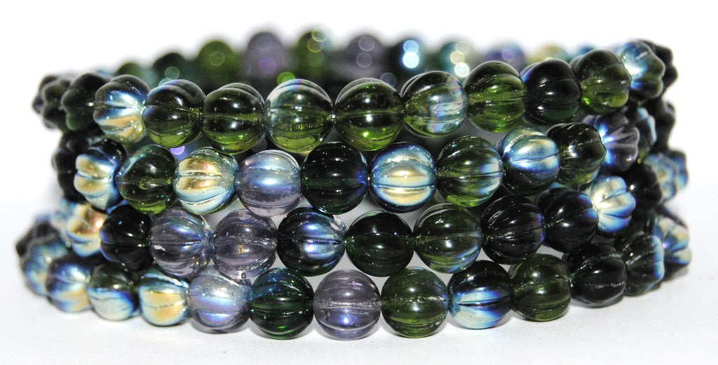 Melon Round Pressed Glass Beads With Stripes, Green Purple Ab (GREEN-PURPLE-AB), Glass, Czech Republic