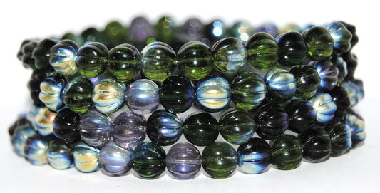 Melon Round Pressed Glass Beads With Stripes, Green Purple Ab (GREEN-PURPLE-AB), Glass, Czech Republic